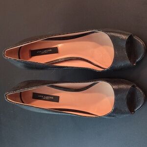 ANN TAYLOR- WOMENS BLACK LEATHER OPEN TOE 4" HEELS 👠👠👠👠